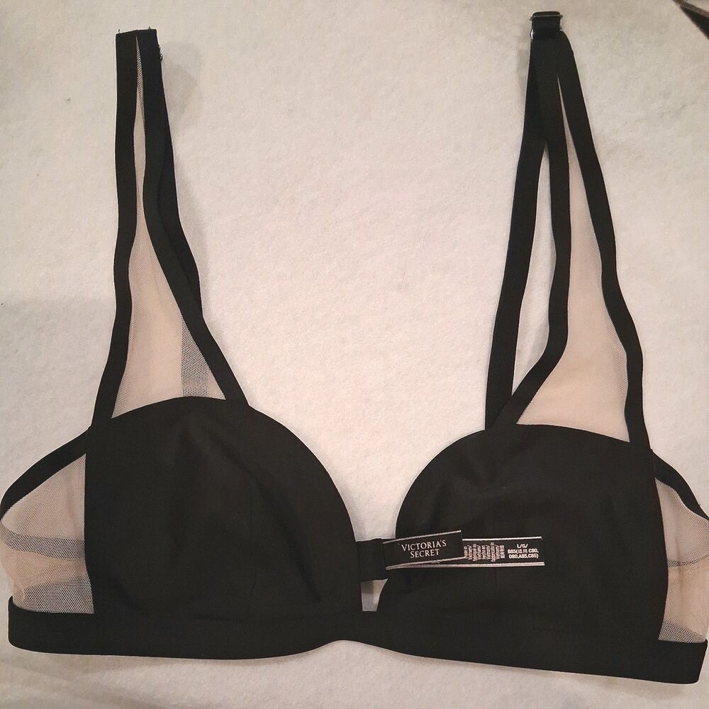Victoria's Secret size Large Unlined Demi Bra Black w/ Beige Mesh Sheer Accents